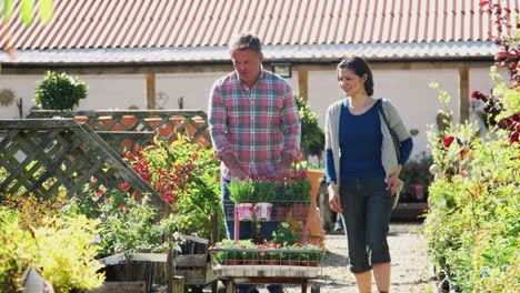 Mature-Couple-Customer-Buying-Plants-And-Putting-Them-On-Trolley-In-Garden-Center