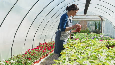 Mature-Woman-Working-In-Garden-Center-Greenhouse-Checking-Plants