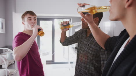 Eine-Gruppe-Männlicher-College-Studenten-In-Der-Gemeinschaftsküche-Trinkt-Bier-Und-Stößt-Gemeinsam-An