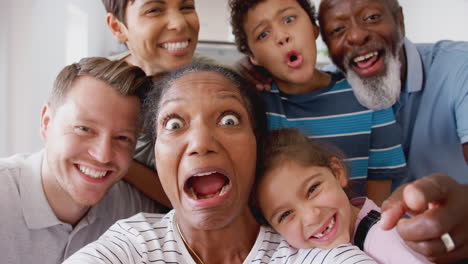 Toma-En-Primera-Persona-De-Una-Familia-Multigeneracional-De-Raza-Mixta-Posando-Juntos-Para-Un-Selfie-En-Casa