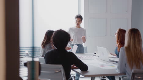 View-Through-Door-As-Female-Boss-Gives-Presentation-To-Team-Of-Businesswomen-Meeting-Around-Table