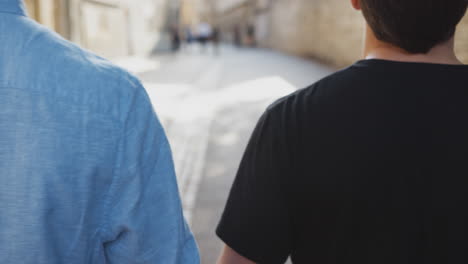 Rear-View-Of-Loving-Male-Gay-Couple-Holding-Hands-Walking-Along-City-Street