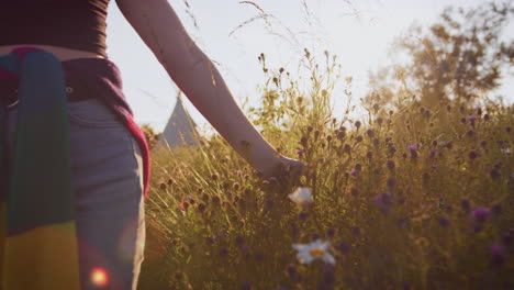 Close-Up-Of-Woman-On-Camping-Vacation-Running-Hand-Through-Grass-And-Flowers-In-Field