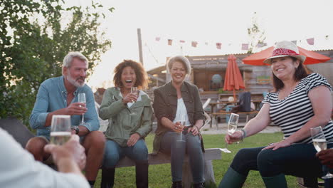 Group-Of-Mature-Friends-Sitting-Around-Fire-And-Making-A-Toast-At-Outdoor-Campsite-Bar