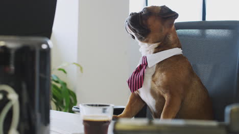 Bulldog-Puppy-Dressed-As-Businessman-Wearing-Collar-And-Tie-Sitting-At-Desk-Looking-At-Computer