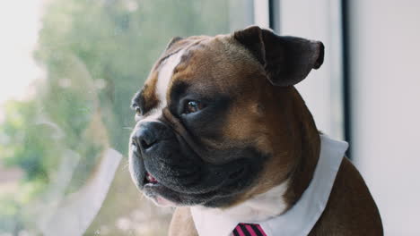 Bulldoggenwelpe-Gekleidet-Als-Geschäftsmann-Mit-Kragen-Und-Krawatte,-Der-Aus-Dem-Bürofenster-Schaut