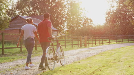 Rückansicht-Eines-Romantischen-Paares,-Das-Bei-Sonnenuntergang-Auf-Einem-Feldweg-Spaziert-Und-Sein-Fahrrad-Schiebt