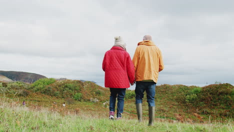 Rear-View-Of-Active-Senior-Couple-Holding-Hands-As-They-Walk-Along-Coastal-Path-In-Fall
