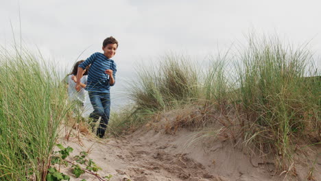Children-Chasing-Dog-Running-Through-Sand-Dunes-On-Winter-Beach-Vacation