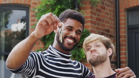 Gay-Male-Couple-Standing-Outside-New-Home-On-Moving-Day-Together-Kissing-And-Holding-Keys