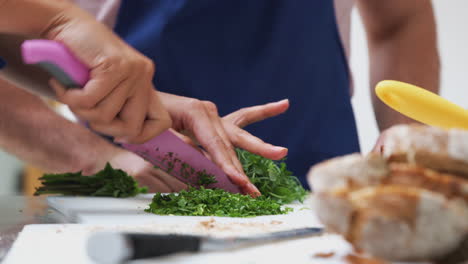 Close-Up-Of-Woman-Chopping-Fresh-Herbs-For-Dish-In-Kitchen-Cookery-Class
