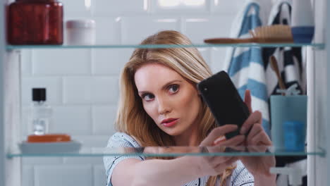 View-Through-Bathroom-Cabinet-Of-Young-Woman-Wearing-Pajamas-Taking-Selfie-On-Mobile-Phone