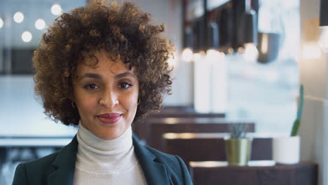Kopf--Und-Schulterporträt-Einer-Lächelnden-Afroamerikanischen-Geschäftsfrau,-Die-In-Einem-Modernen-Büro-Arbeitet