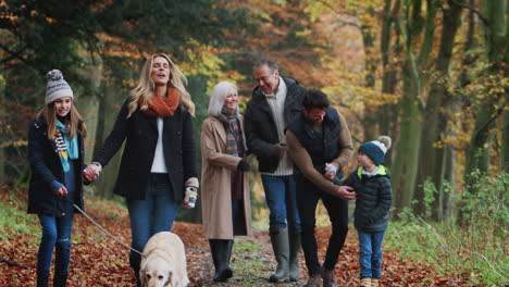 Lächelnde-Mehrgenerationenfamilie-Mit-Hund,-Die-Gemeinsam-Den-Weg-Durch-Die-Herbstliche-Landschaft-Entlang-Geht