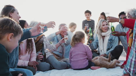 Multi-Generation-Family-Making-A-Toast-With-Alcohol-On-Winter-Beach-Vacation