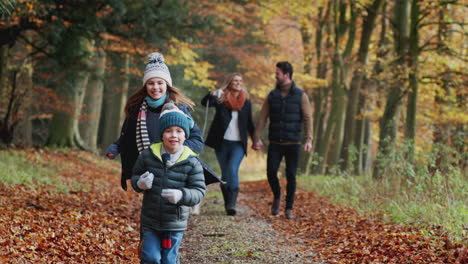 Lächelnde-Familie-Geht-Mit-Hund-Auf-Dem-Weg-Durch-Die-Herbstliche-Landschaft,-Kinder-Laufen-Voraus