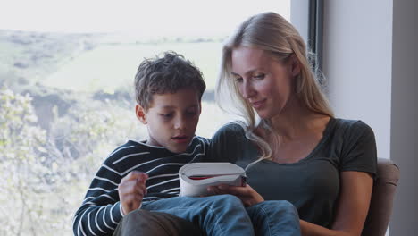 Mother-And-Son-Relaxing-In-Chair-By-Window-At-Home-Reading-Book-Together