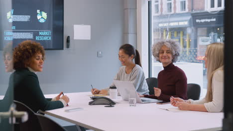 Young-Businesswoman-Leading-Creative-Meeting-Of-Women-Collaborating-Around-Table-In-Modern-Office