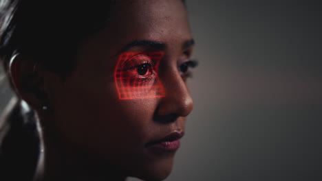 Facial-Recognition-Technology-Concept-As-Woman-Has-Red-Grid-Projected-Onto-Eye-In-Studio