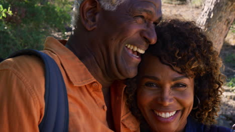 Liebevolles-älteres-Afroamerikanisches-Paar,-Das-Gemeinsam-Auf-Dem-Weg-In-Der-Landschaft-Wandert