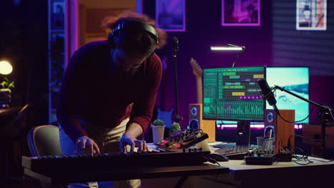 Musician-recording-electronic-piano-tunes-and-having-fun-in-his-home-studio