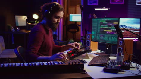 Music-engineer-operates-recording-equipment-in-home-studio