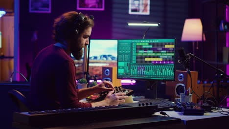 Music-engineer-operates-recording-equipment-in-home-studio