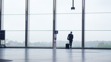 Businessman-With-Suitcase-Looking-Out-Of-Window-On-Concourse-At-Railway-Station-With-Mobile-Phone