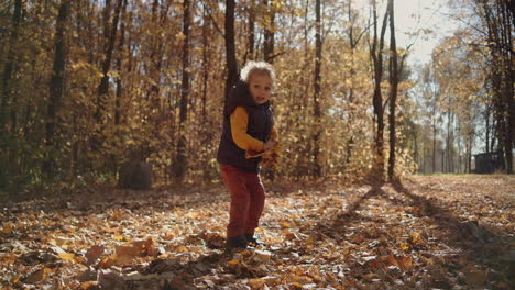 Ein-Kleiner-Lockiger-Junge-Hebt-Gelbe-Blätter-Hoch-Und-Wirft-Und-Freut-Sich,-Während-Er-Die-Herbstblätter-Von-Bäumen-Im-Park-Fliegen-Lässt.-Hochwertiges-4K-Filmmaterial