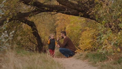 walking-in-autumn-forest-adult-man-and-his-little-child-are-having-fun-in-woodland-at-nature-parenthood-and-child-upbringing-cute-toddler-and-father