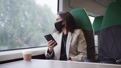 Mujer-De-Negocios-En-Tren-Usando-Un-Teléfono-Móvil-Usando-Mascarilla-Facial-Ppe-Durante-Una-Pandemia-De-Salud