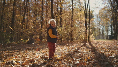 A-smiling-boy-looks-at-falling-autumn-yellow-leaves-from-trees-standing-in-the-park-in-the-sunset-sun.-Magical-forest-the-boy-laughs-and-happily-looks-after-the-fall-of-autumn-leaves.-High-quality-4k-footage