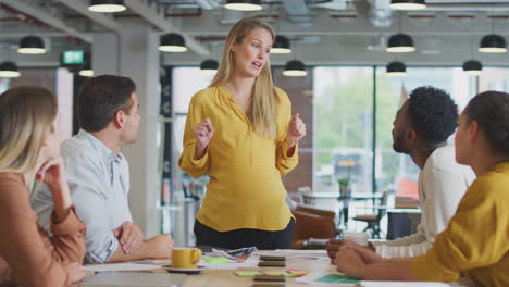Pregnant-Businesswoman-Giving-Presentation-To-Colleagues-Sitting-Around-Table-In-Modern-Office