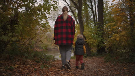 calm-walking-at-autumn-forest-woman-with-little-son-are-walking-to-lake-rear-view-enjoying-nature-and-relaxing-at-weekend-family-hike-at-woodland-or-park