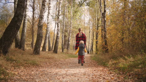 happy-woman-and-little-boy-are-resting-in-forest-at-autumn-son-is-running-to-mother-and-she-is-lifting-him-on-hands-and-whirling-joyful-family-is-having-fun-at-weekend-at-nature
