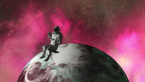 Abstraktes-Weltraumkonzept-Astronaut-Auf-Einer-Schaukel-Die-Erde-Ist-Im-Hintergrund-Lila-Neonfarbe-3d