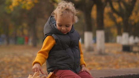 charming-light-haired-toddler-is-playing-with-dry-yellow-leaves-in-park-at-autumn-day-sitting-on-bench-happy-little-child-having-fun-at-walk