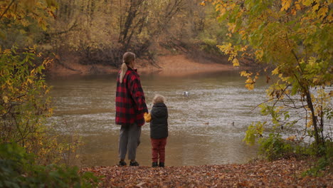 birdwatching-and-seeing-natural-landmark-at-weekend-trip-mother-and-child-are-standing-on-coast-of-forest-pond-at-autumn-day-woman-and-little-boy-are-holding-hands