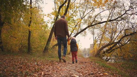 walk-of-father-and-son-in-autumn-forest-man-and-boy-are-holding-hands-and-moving-on-pathway-between-yellowed-trees-stepping-on-dry-foliage-on-ground-rear-view