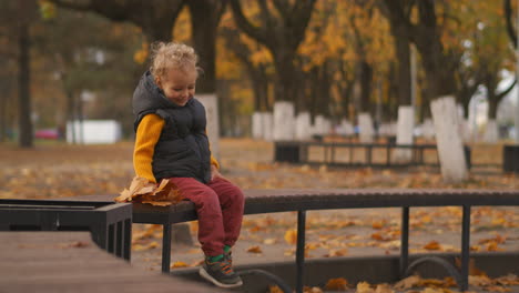 happy-child-is-enjoying-autumn-in-park-dry-leaves-are-falling-on-baby-little-boy-is-laughing-and-rejoicing-sitting-on-bench-fun-at-walking-at-fall-day