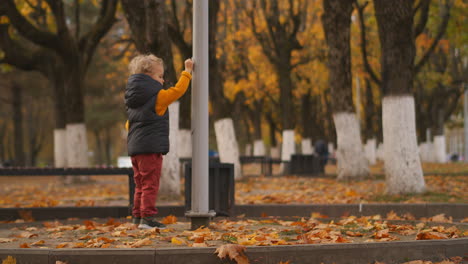 autumn-park-of-city-walking-little-child-is-playing-with-lamppost-standing-alone-on-street-with-dry-foliage-curious-baby