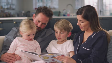 Smiling-Family-In-Pyjamas-Sitting-On-Sofa-Reading-Bedtime-Story-From-Book-Together