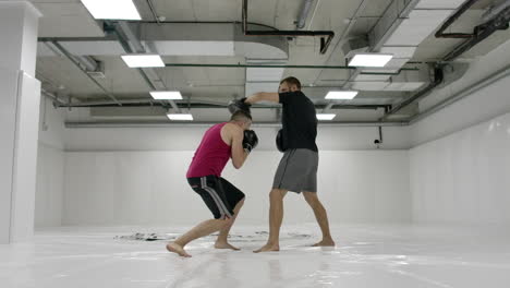 By-fighting-a-mma-with-a-trainer-he-works-out-the-striking-technique-of-arms-and-legs-training-the-reaction-of-dives-and-deviations-from-strikes.-Workout-with-a-partner-on-the-paws-of-blows.