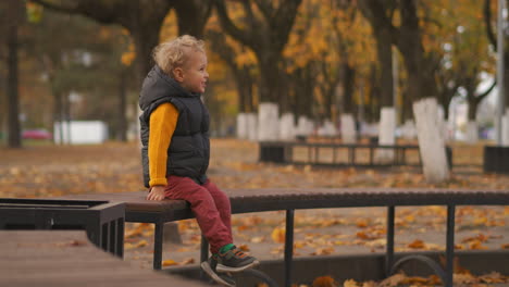 cute-toddler-is-sitting-alone-on-bench-in-park-at-autumn-day-happy-childhood-and-walking-in-recreation-area-in-city-beautiful-nature-at-fall