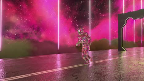 Astronaut-is-Running-Reality-Turns-Into-a-Diamond-Space-Road-with-Gates-Starry-Sky-and-Clouds-Neon