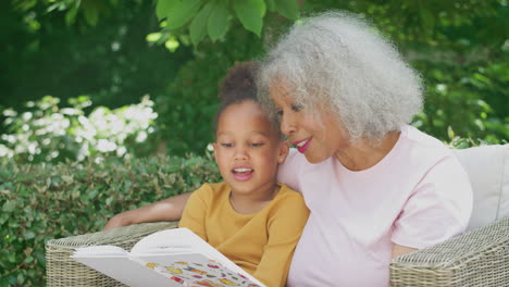 Grandmother-Sitting-Outdoors-In-Garden-With-Granddaughter-At-Home-Reading-Book-Together