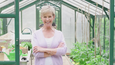 Portrait-Of-Senior-Woman-Growing-Vegetables-Standing-In-Doorway-Of-Greenhouse-And-Folding-Arms