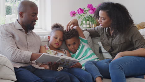 Parents-Sitting-On-Sofa-With-Children-At-Home-Reading-Book-Together