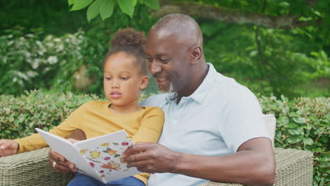 Grandfather-Sitting-Outdoors-With-Granddaughter-At-Home-Reading-Book-Together