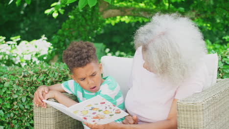 Grandmother-Sitting-Outdoors-In-Garden-With-Grandson-At-Home-Reading-Book-Together